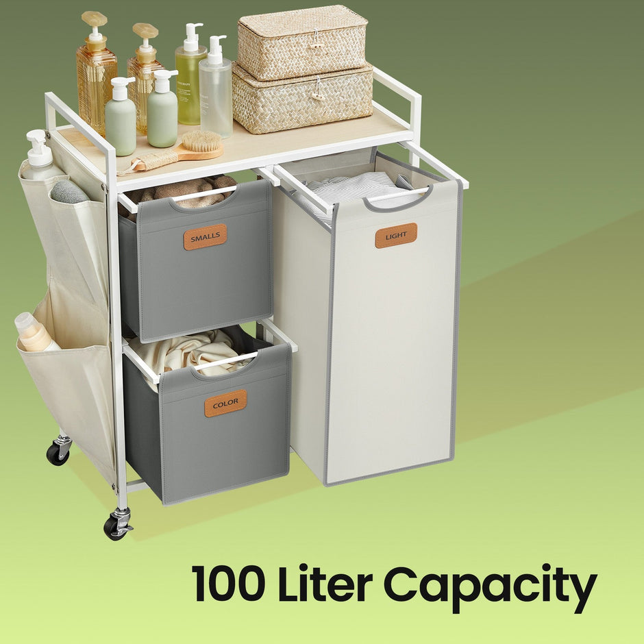 3-Compartment Laundry Sorter – Fabric – Natural Beige – Rolling Cart with Shelves and Removable Liners