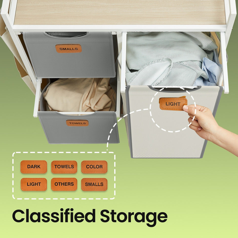 3-Compartment Laundry Sorter – Fabric – Natural Beige – Rolling Cart with Shelves and Removable Liners