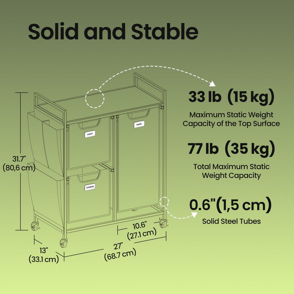 3-Compartment Laundry Sorter – Fabric – Natural Beige – Rolling Cart with Shelves and Removable Liners