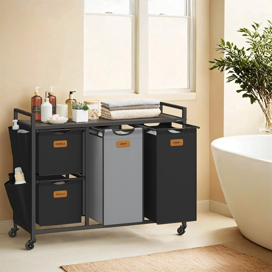 Laundry Sorter – Wood – Chestnut Brown – 4 Compartment with Shelves and Rolling Design