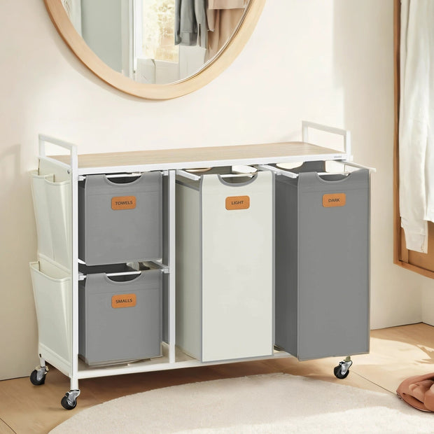 4-Compartment Laundry Sorter – Fabric – Dove Grey and White – Rolling Cart with Removable Bags