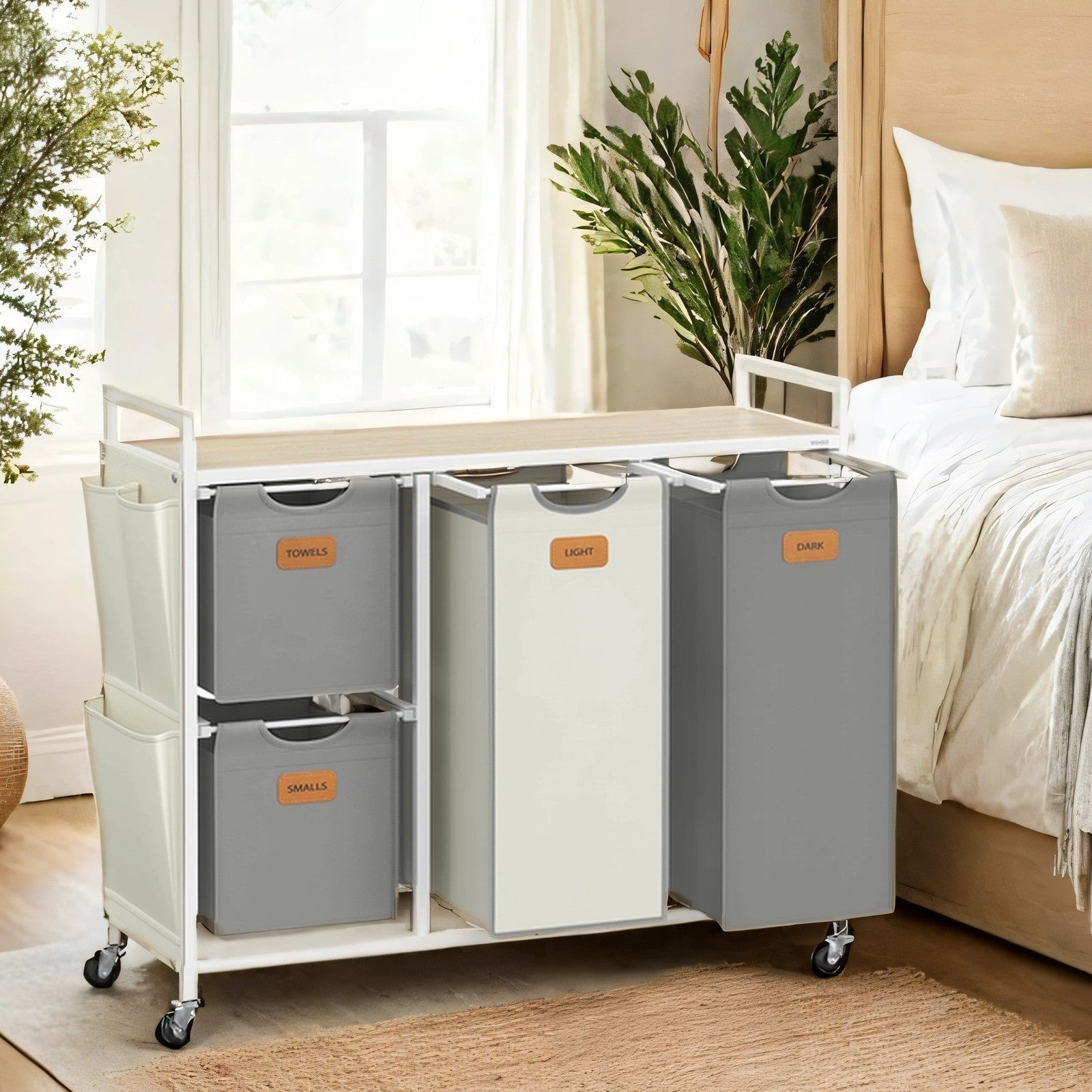 4-Compartment Laundry Sorter – Fabric – Dove Grey and White – Rolling Cart with Removable Bags