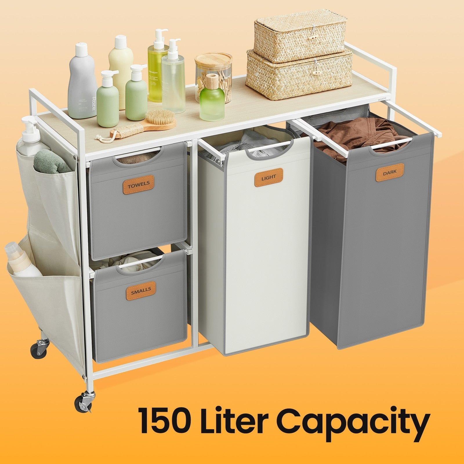4-Compartment Laundry Sorter – Fabric – Dove Grey and White – Rolling Cart with Removable Bags