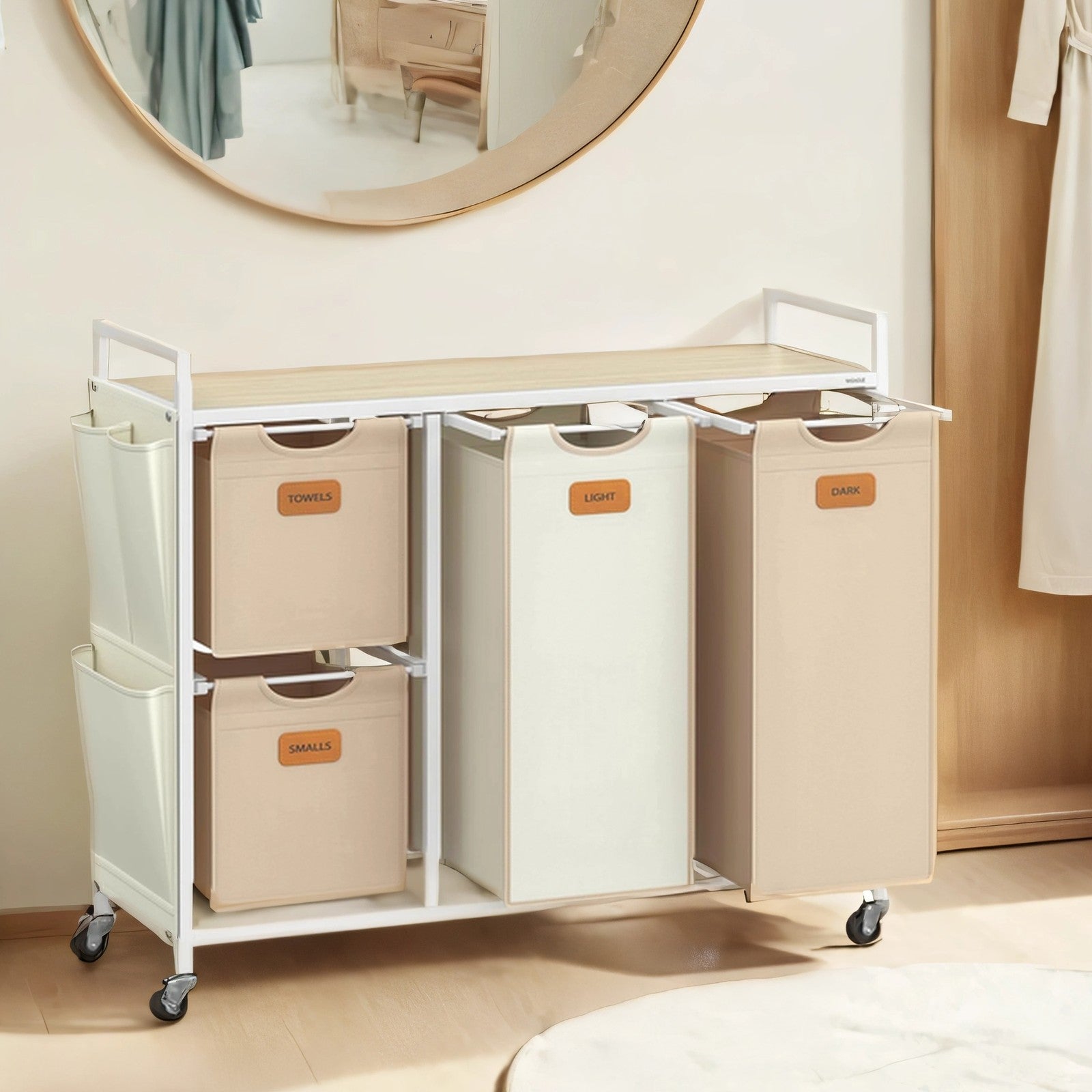 Laundry Sorter Cart – Fabric – Camel Brown and Cream White – 4 Compartments with Removable Bags
