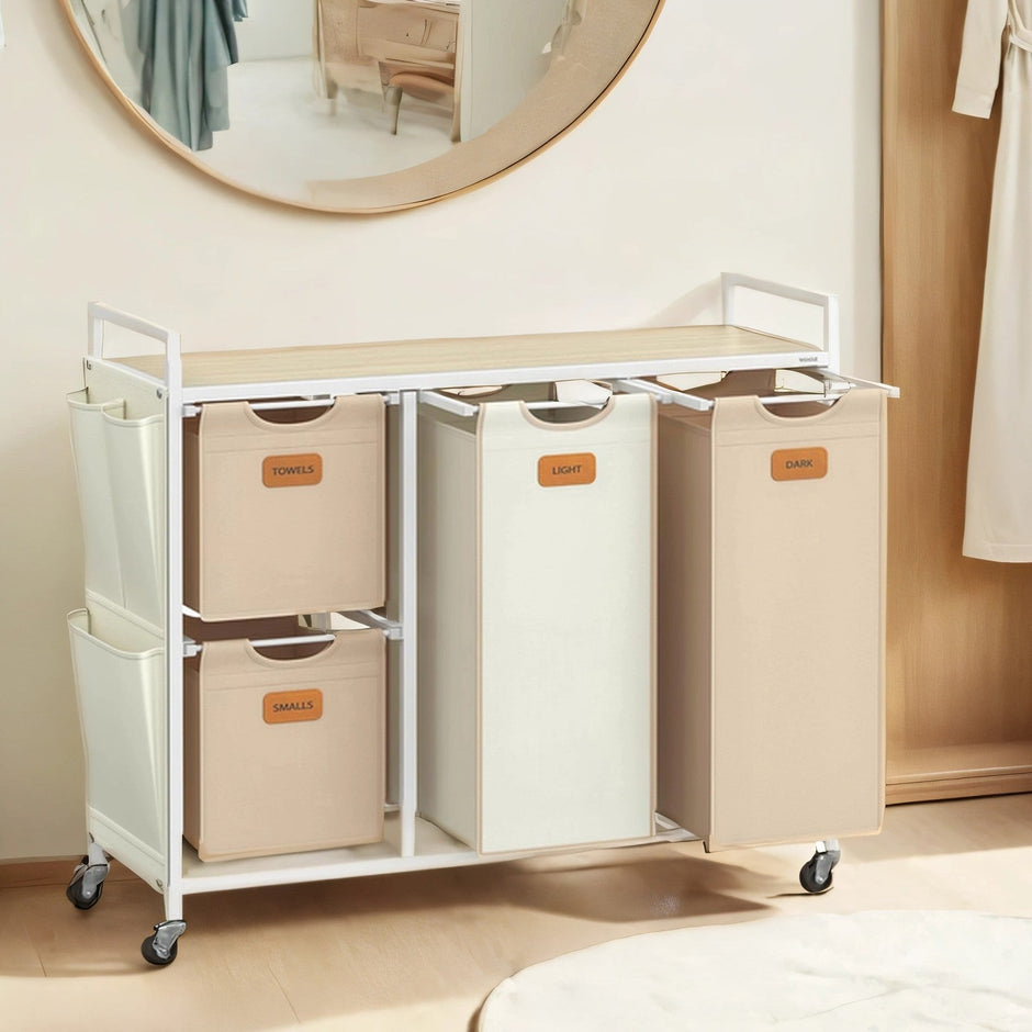 Laundry Sorter Cart – Fabric – Camel Brown and Cream White – 4 Compartments with Removable Bags