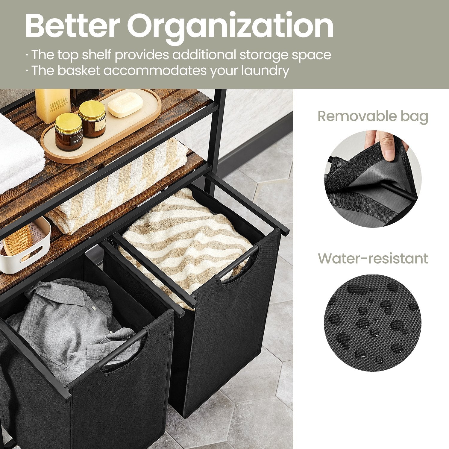 Laundry Hamper – Metal and Fabric – Black and Grey – Dual Pull-Out Bags with Shelves