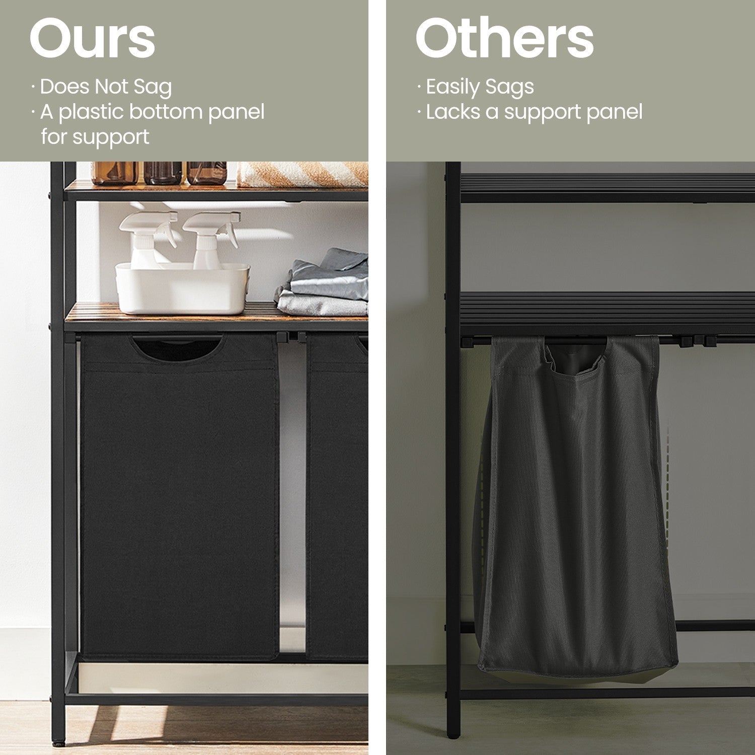 Laundry Hamper – Metal and Fabric – Black and Grey – Dual Pull-Out Bags with Shelves
