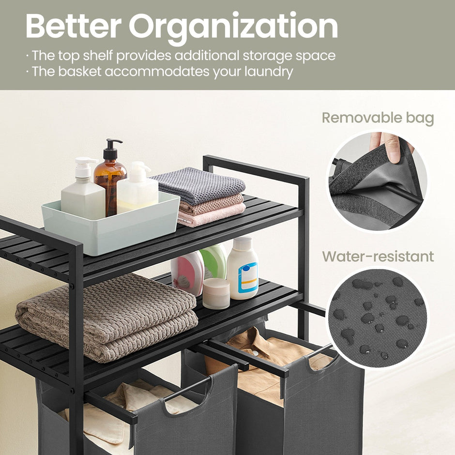 Laundry Hamper – Metal and Fabric – Black and Grey – Dual Pull-Out Bags with Shelves