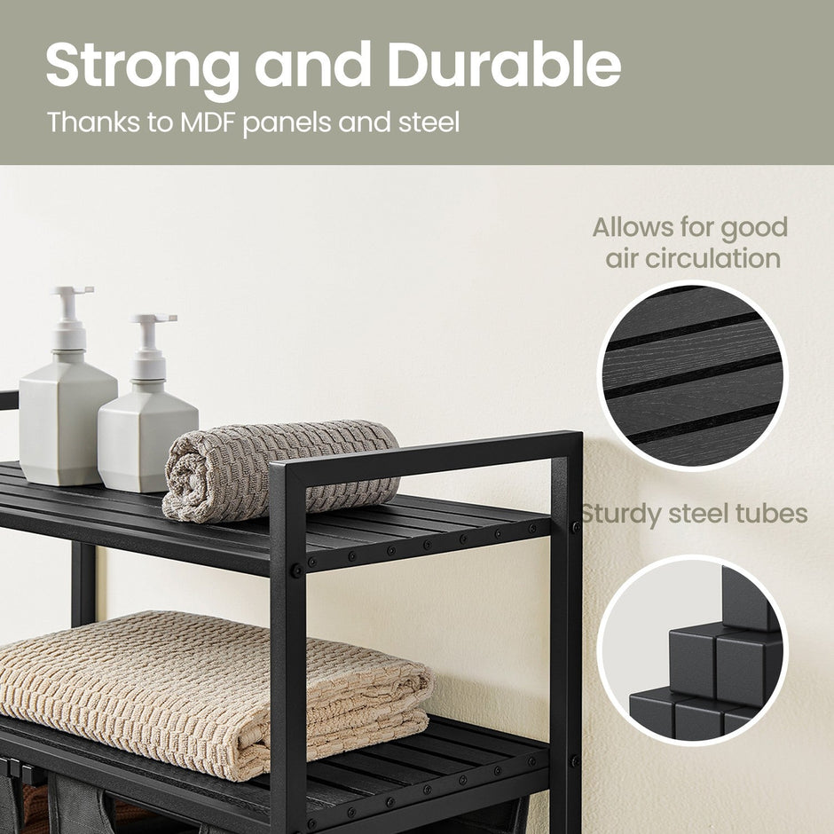 Laundry Hamper – Metal and Fabric – Black and Grey – Dual Pull-Out Bags with Shelves