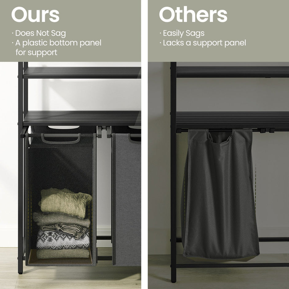 Laundry Hamper – Metal and Fabric – Black and Grey – Dual Pull-Out Bags with Shelves