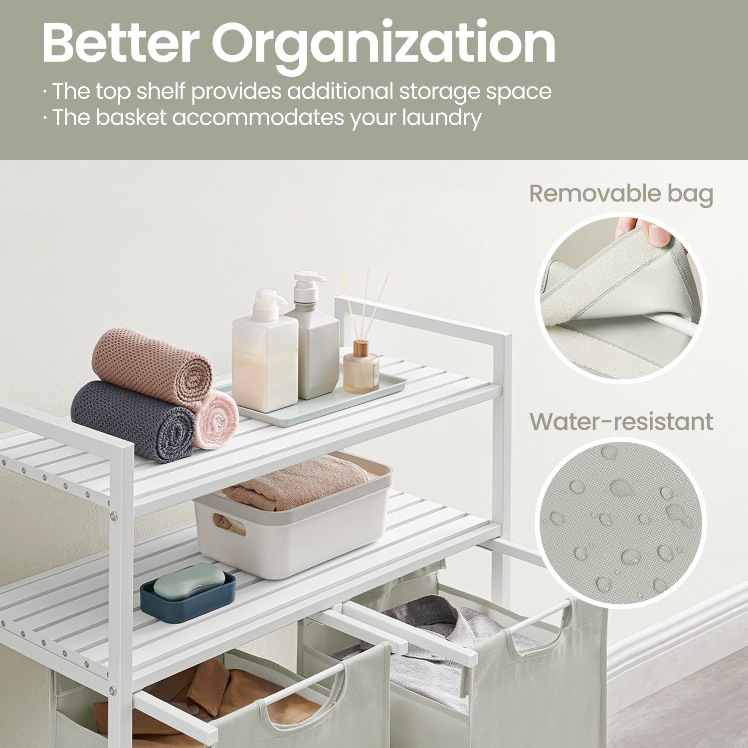 Laundry Hamper – Metal and Fabric – Black and Grey – Dual Pull-Out Bags with Shelves