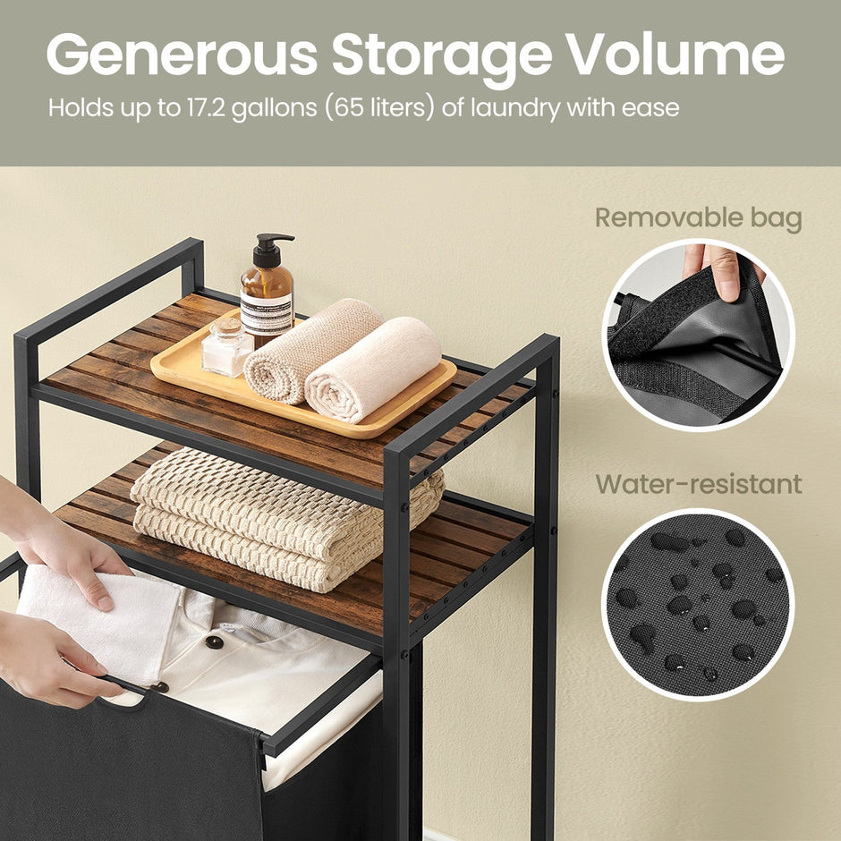 Laundry Hamper – Wood and Fabric – Rustic Brown and Black – Pull-Out Laundry Bag with 2 Shelves, 65 L Capacity