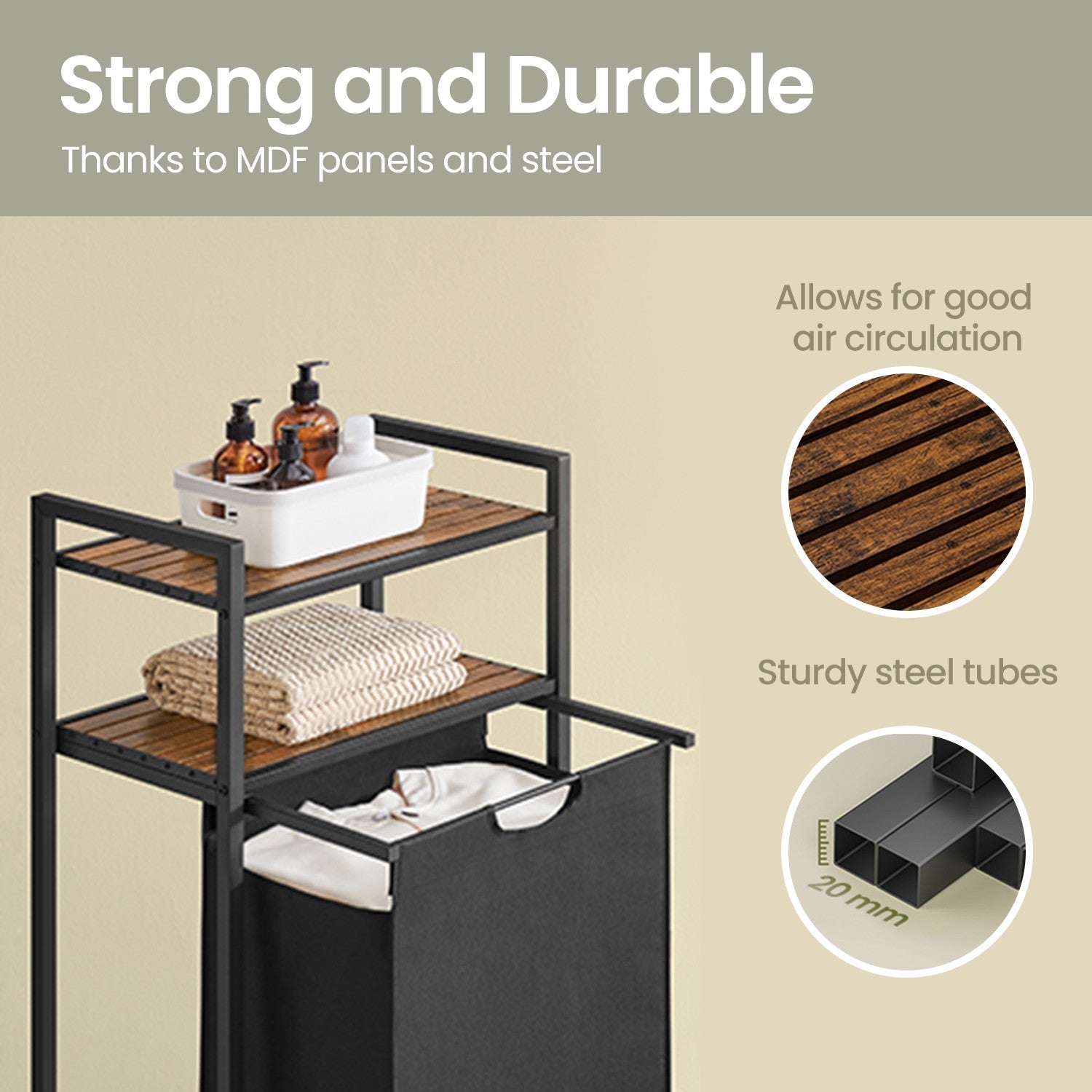 Laundry Hamper – Wood and Fabric – Rustic Brown and Black – Pull-Out Laundry Bag with 2 Shelves, 65 L Capacity