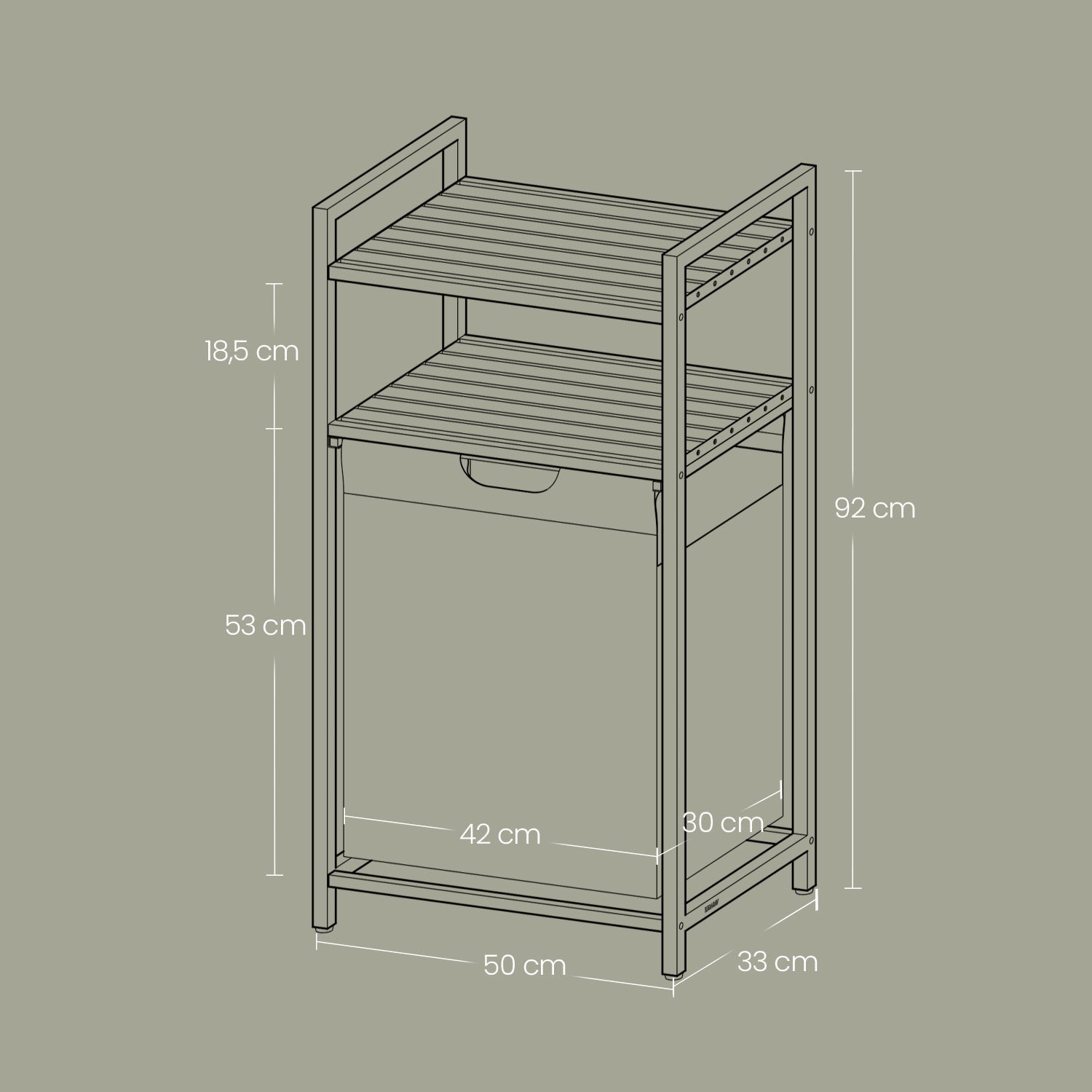 Laundry Hamper – Wood and Fabric – Rustic Brown and Black – Pull-Out Laundry Bag with 2 Shelves, 65 L Capacity