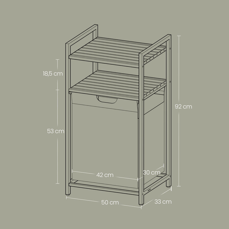 Laundry Hamper – Wood and Fabric – Rustic Brown and Black – Pull-Out Laundry Bag with 2 Shelves, 65 L Capacity