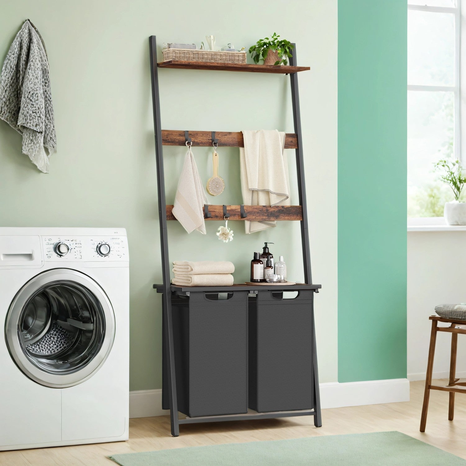 2-Compartment Laundry Hamper – Fabric – Neutral Color – Removable Pull-Out Liners with Blanket Ladder