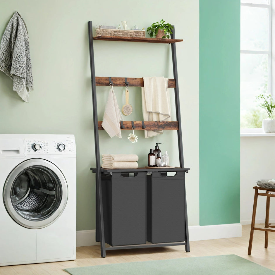 2-Compartment Laundry Hamper – Fabric – Neutral Color – Removable Pull-Out Liners with Blanket Ladder