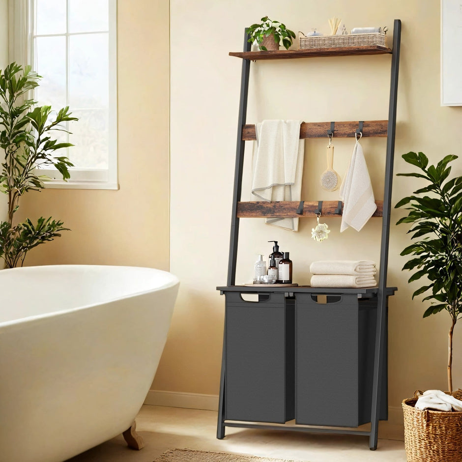 2-Compartment Laundry Hamper – Fabric – Neutral Color – Removable Pull-Out Liners with Blanket Ladder