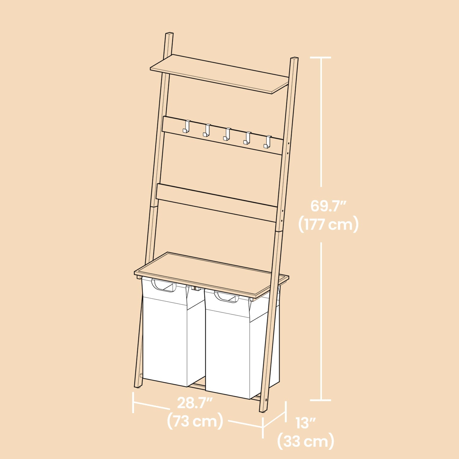 2-Compartment Laundry Hamper – Fabric – Neutral Color – Removable Pull-Out Liners with Blanket Ladder