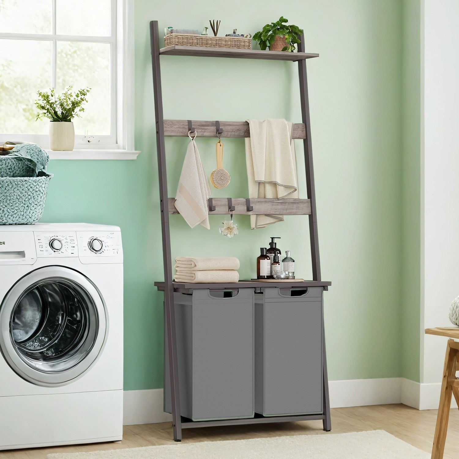 2-Compartment Laundry Hamper – Fabric – Neutral Color – Removable Pull-Out Liners with Blanket Ladder