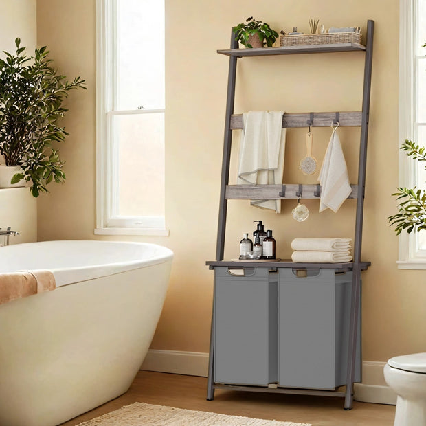 2-Compartment Laundry Hamper – Fabric – Neutral Color – Removable Pull-Out Liners with Blanket Ladder