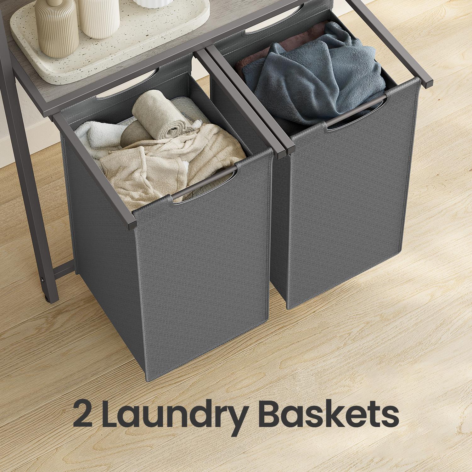 2-Compartment Laundry Hamper – Fabric – Neutral Color – Removable Pull-Out Liners with Blanket Ladder