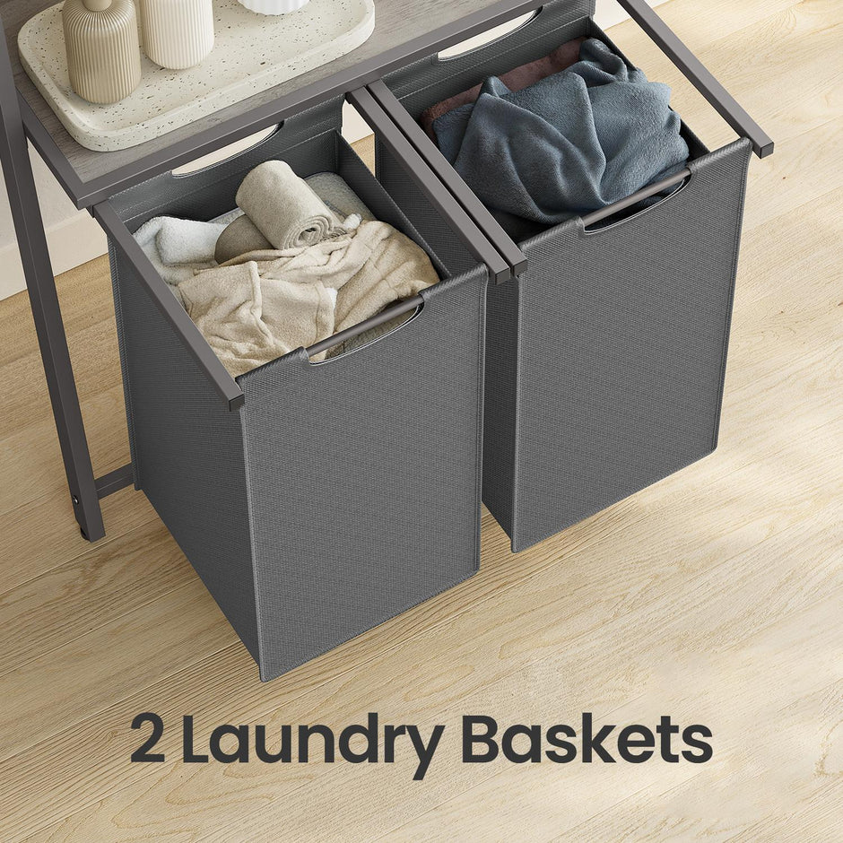 2-Compartment Laundry Hamper – Fabric – Neutral Color – Removable Pull-Out Liners with Blanket Ladder