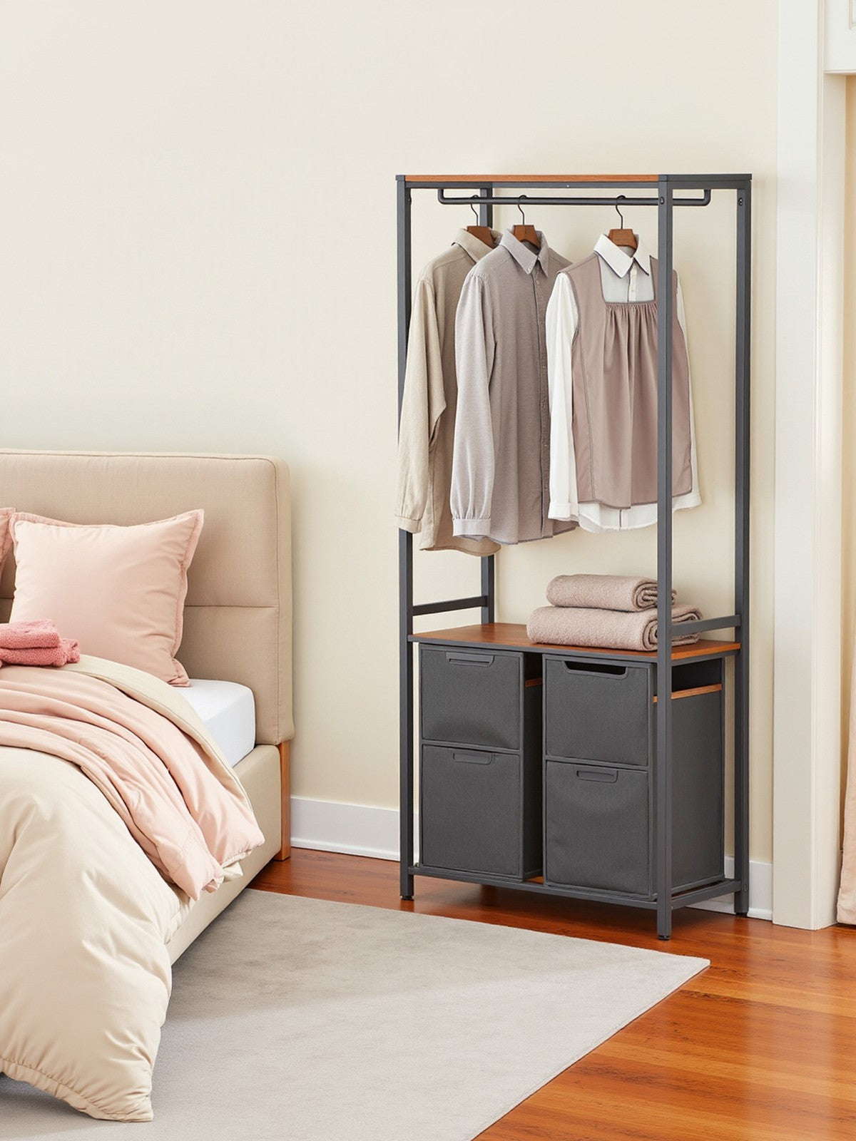 2-Compartment Laundry Basket – Wood and Metal – Rustic Brown and Black – Pull-Out Bags and Clothes Rail