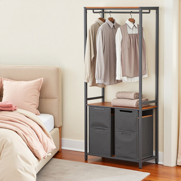 2-Compartment Laundry Basket – Wood and Metal – Rustic Brown and Black – Pull-Out Bags and Clothes Rail