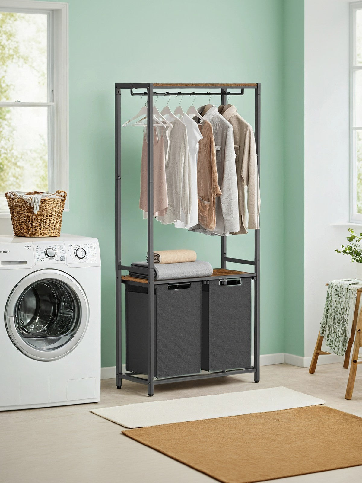 2-Compartment Laundry Basket – Wood and Metal – Rustic Brown and Black – Pull-Out Bags and Clothes Rail