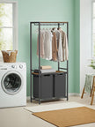 2-Compartment Laundry Basket – Wood and Metal – Rustic Brown and Black – Pull-Out Bags and Clothes Rail