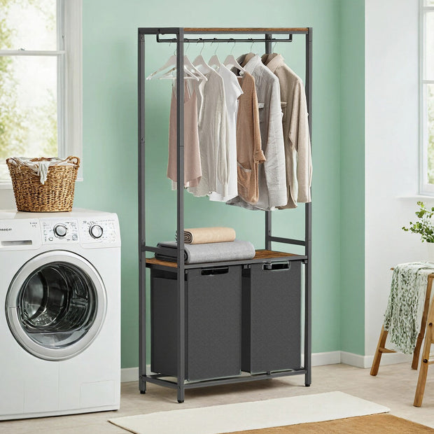 2-Compartment Laundry Basket – Wood and Metal – Rustic Brown and Black – Pull-Out Bags and Clothes Rail