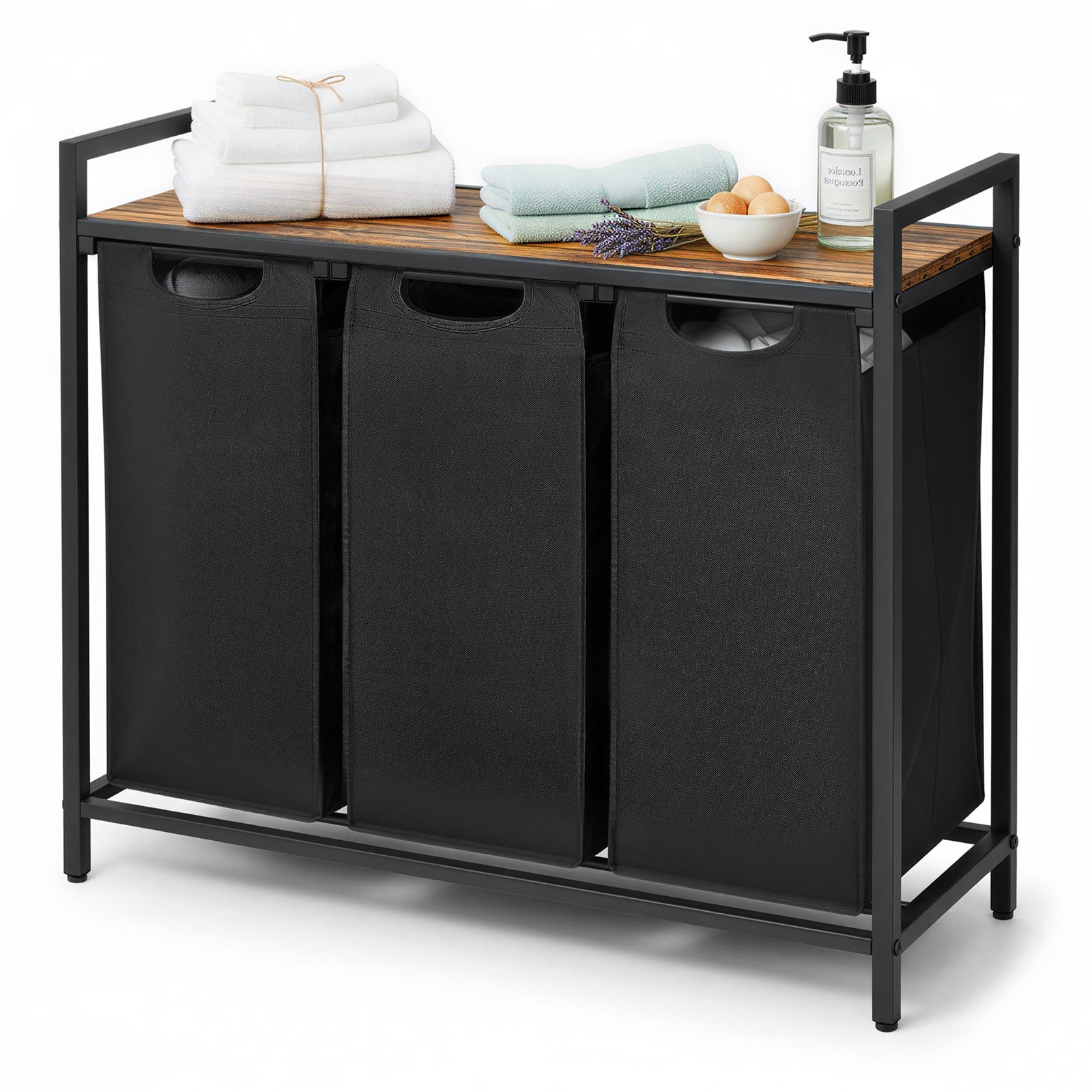 Clothes Sorter – Metal Frame – Rustic Brown and Black – 4 Removable Liner Bags