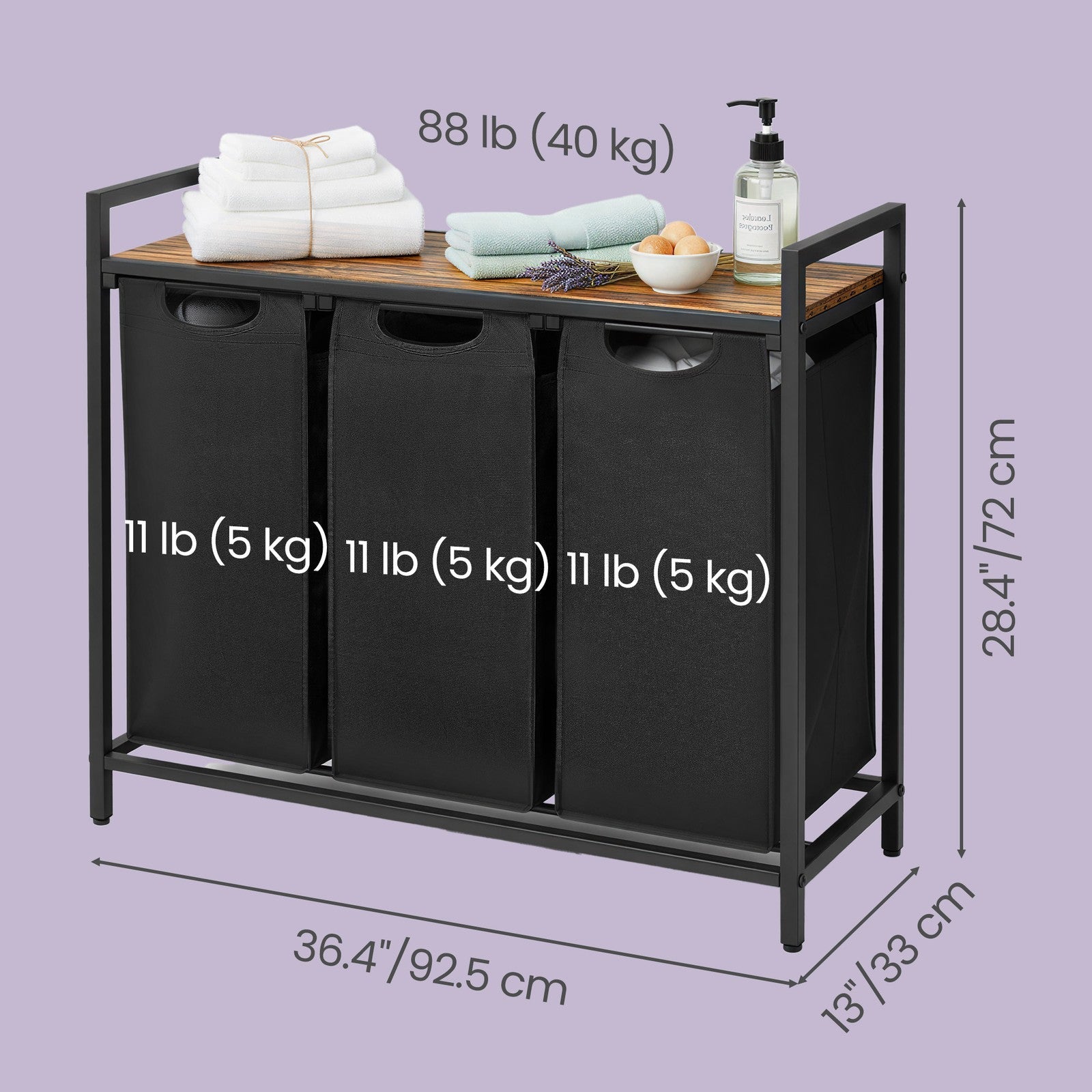 Clothes Sorter – Metal Frame – Rustic Brown and Black – 4 Removable Liner Bags