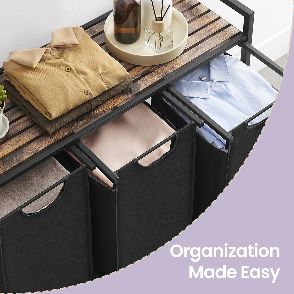 Clothes Sorter – Metal Frame – Rustic Brown and Black – 4 Removable Liner Bags