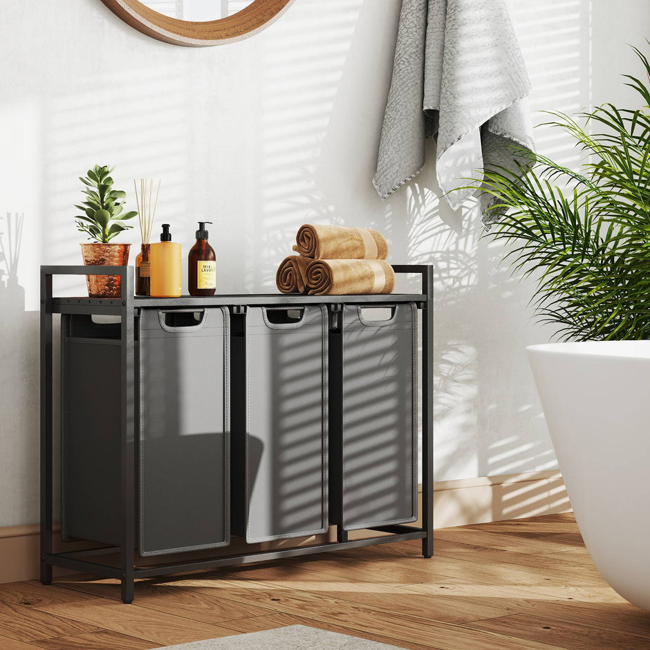3-Section Laundry Sorter – Metal Frame – Black and Grey – Removable Bags and Shelf