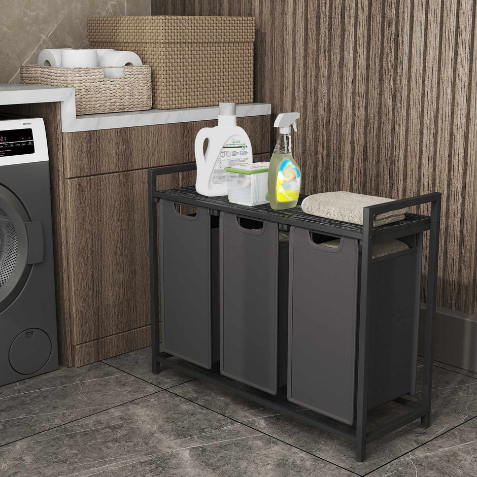 3-Section Laundry Sorter – Metal Frame – Black and Grey – Removable Bags and Shelf