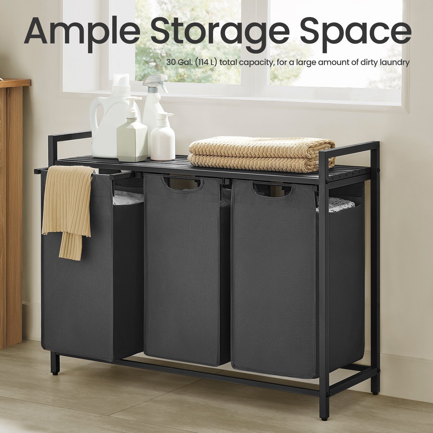 3-Section Laundry Sorter – Metal Frame – Black and Grey – Removable Bags and Shelf