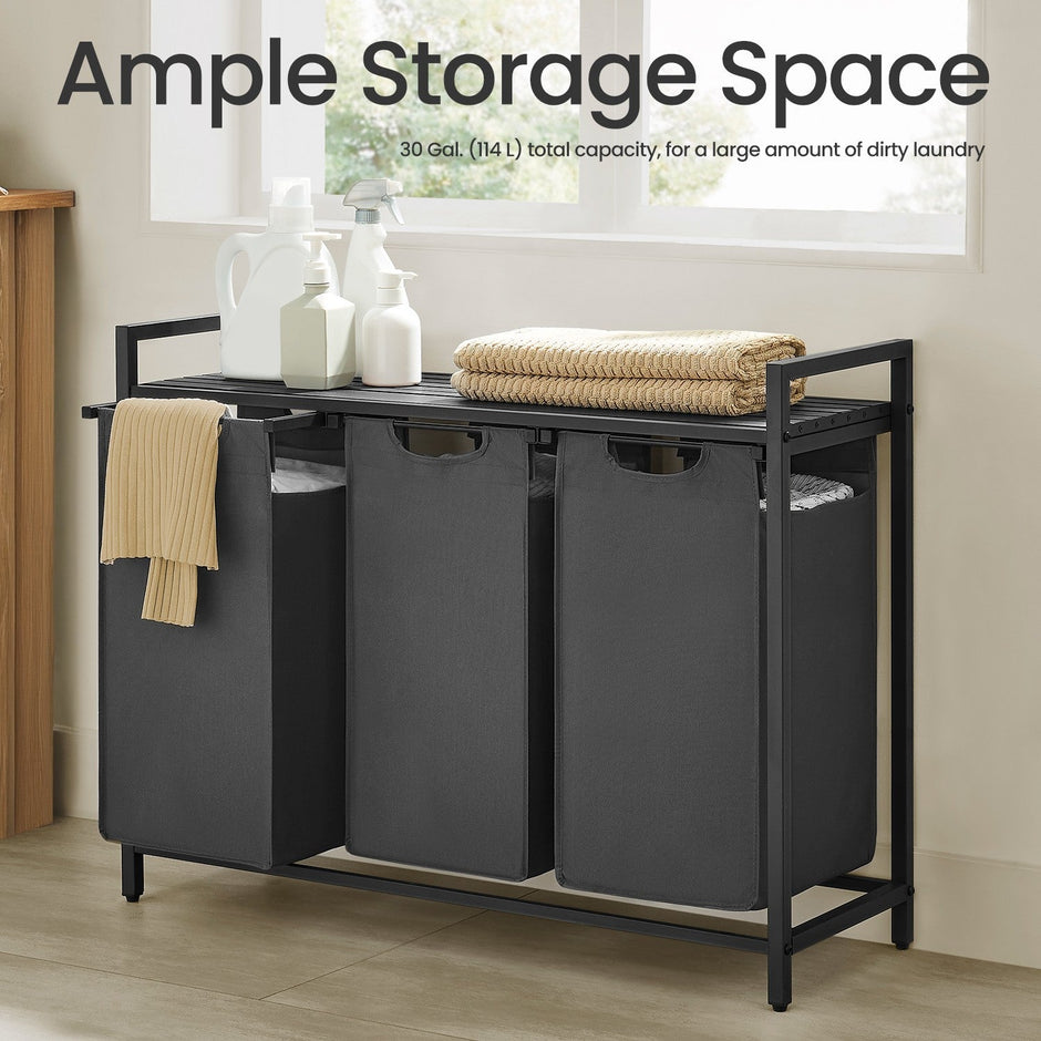 3-Section Laundry Sorter – Metal Frame – Black and Grey – Removable Bags and Shelf