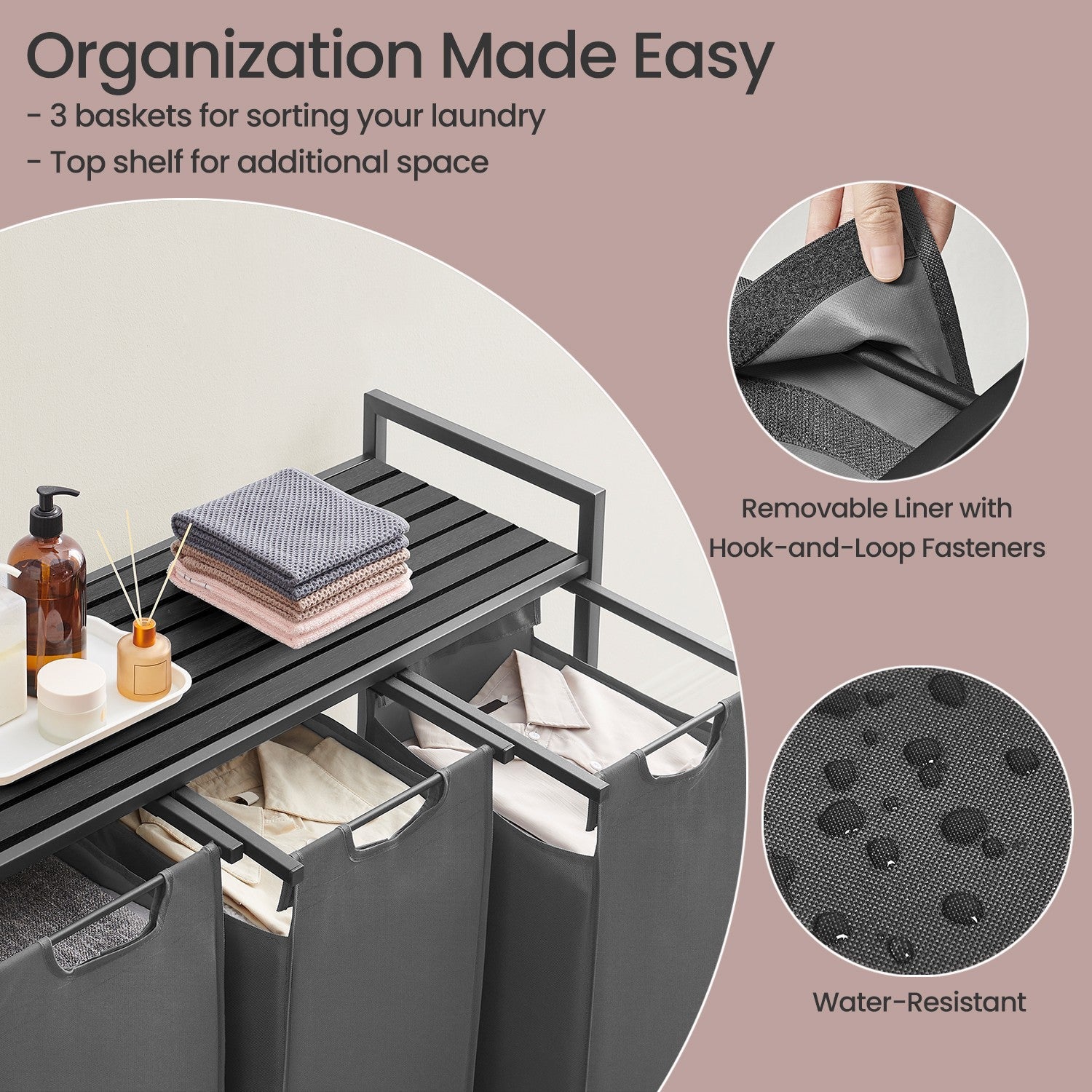 3-Section Laundry Sorter – Metal Frame – Black and Grey – Removable Bags and Shelf
