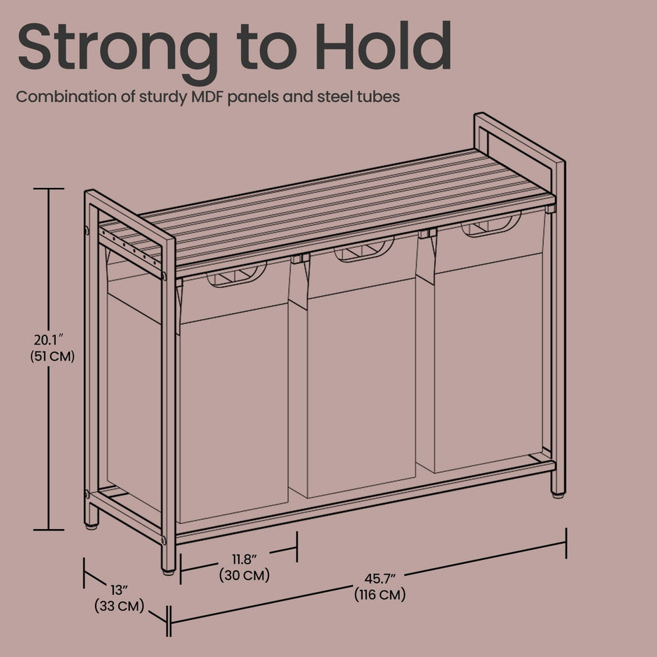3-Section Laundry Sorter – Metal Frame – Black and Grey – Removable Bags and Shelf