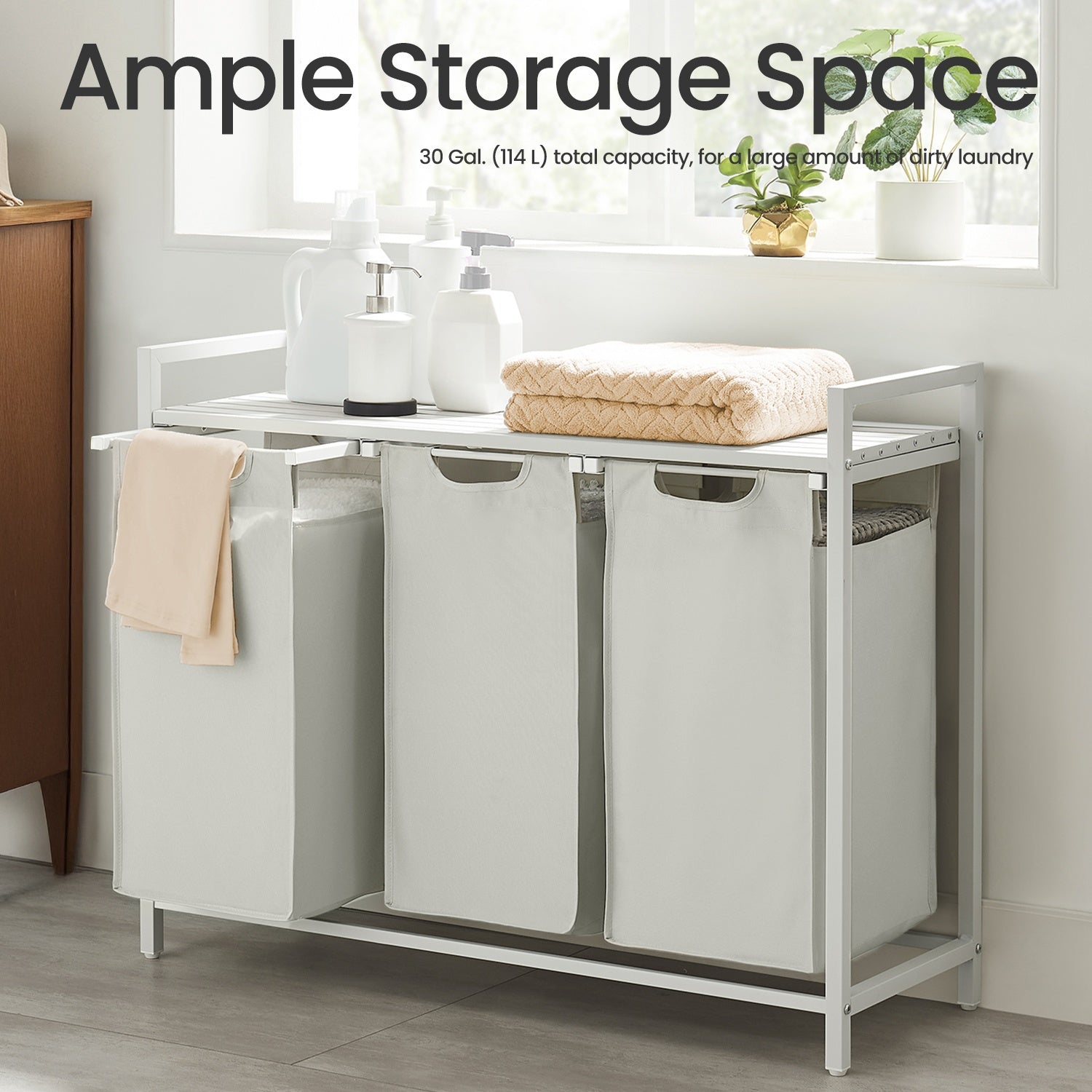 Laundry Sorter – Metal Frame – Rustic Brown and Black – 4 Removable Bags with Shelf