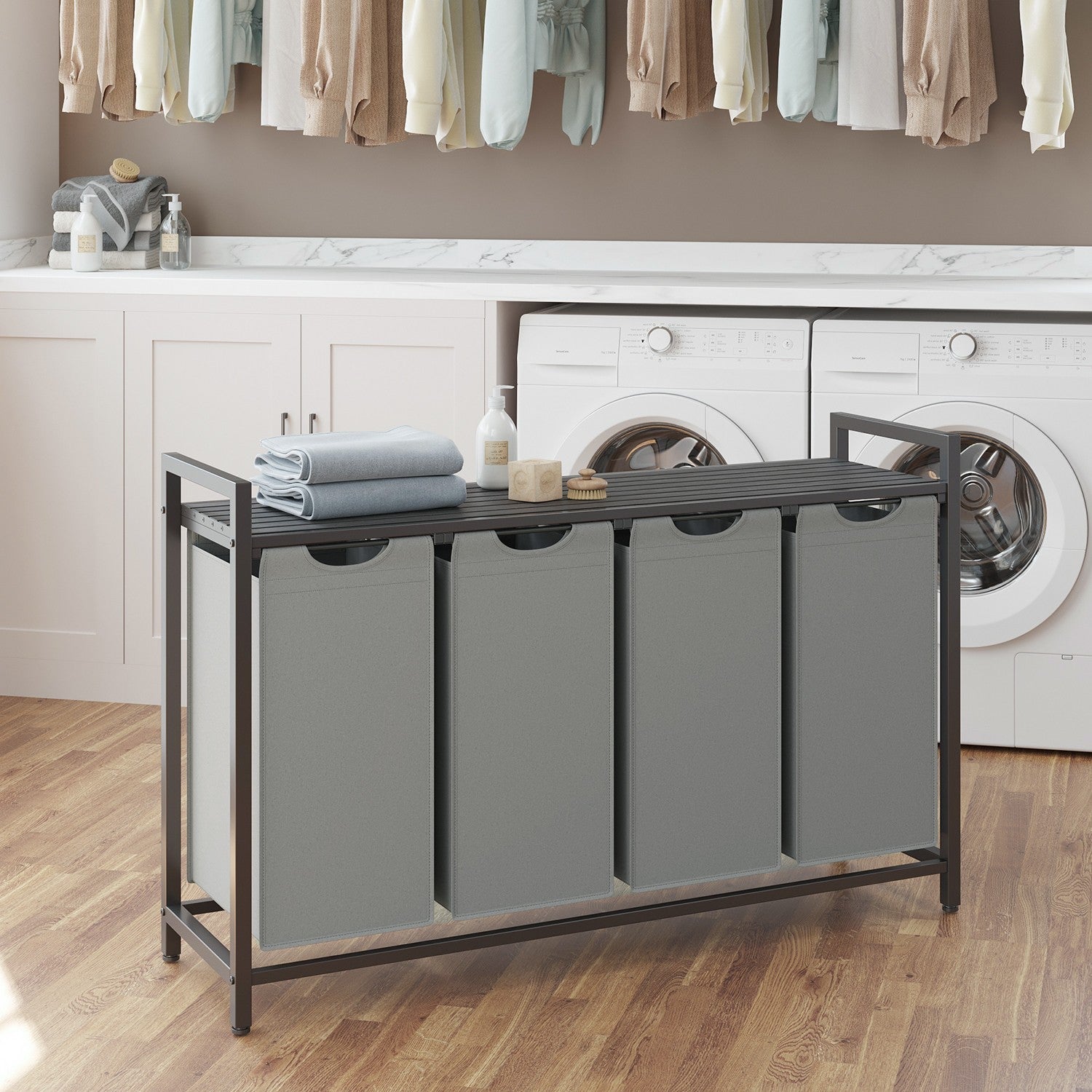 Laundry Sorter – Metal Frame – Rustic Brown and Black – 4 Removable Bags, 40L Capacity