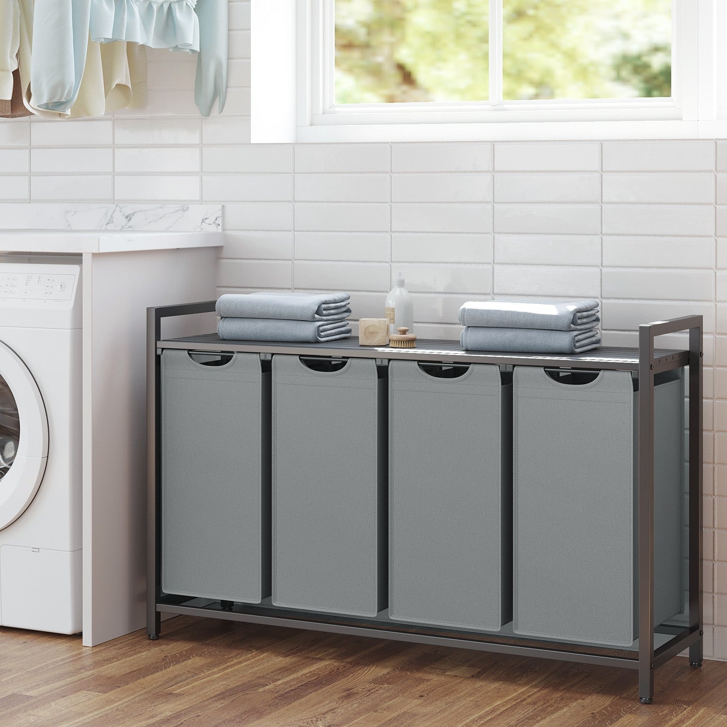 Laundry Sorter – Metal Frame – Rustic Brown and Black – 4 Removable Bags, 40L Capacity