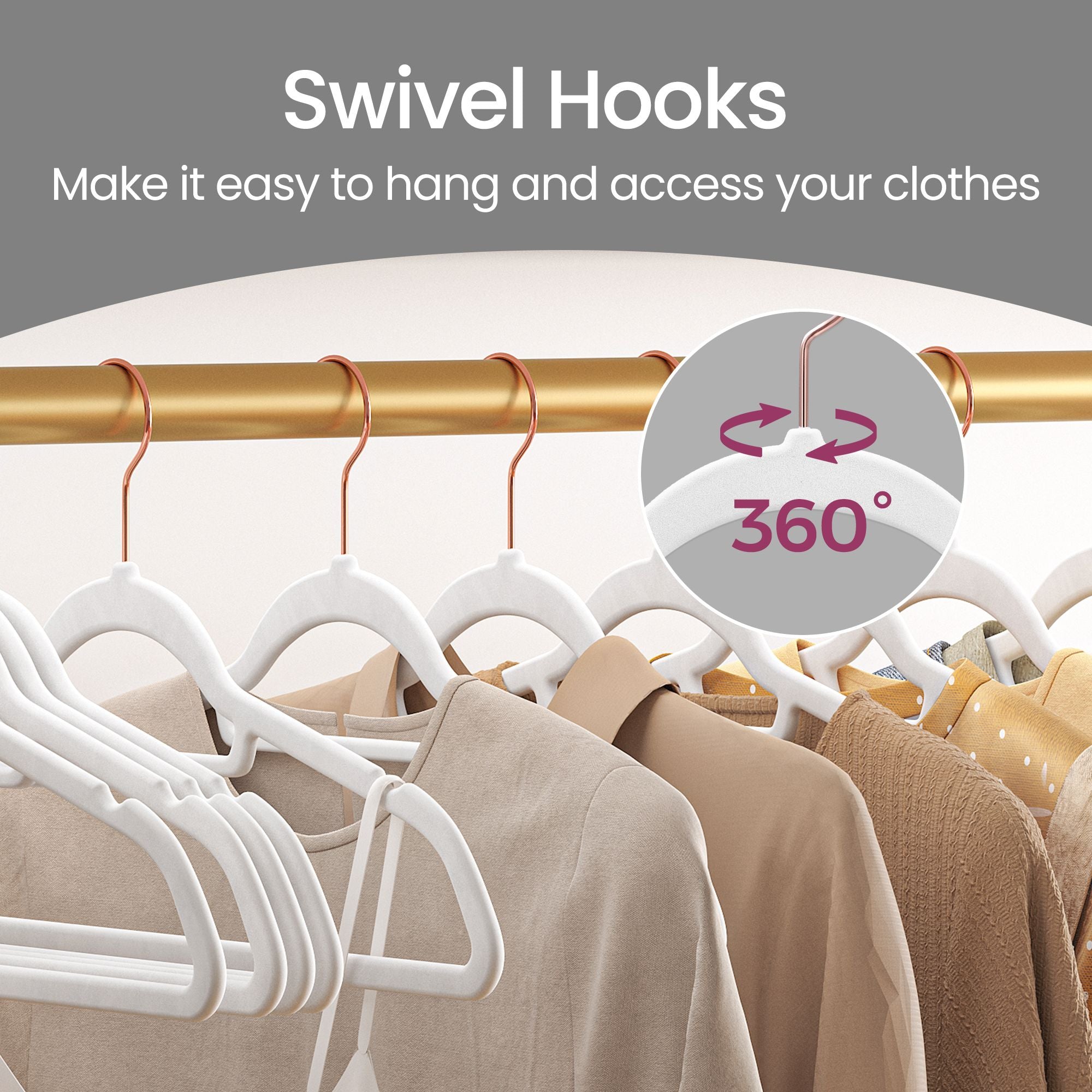 Velvet Hangers – Velvet – Cloud White – Set of 50 with Rose Gold Swivel Hook and Non-Slip Design