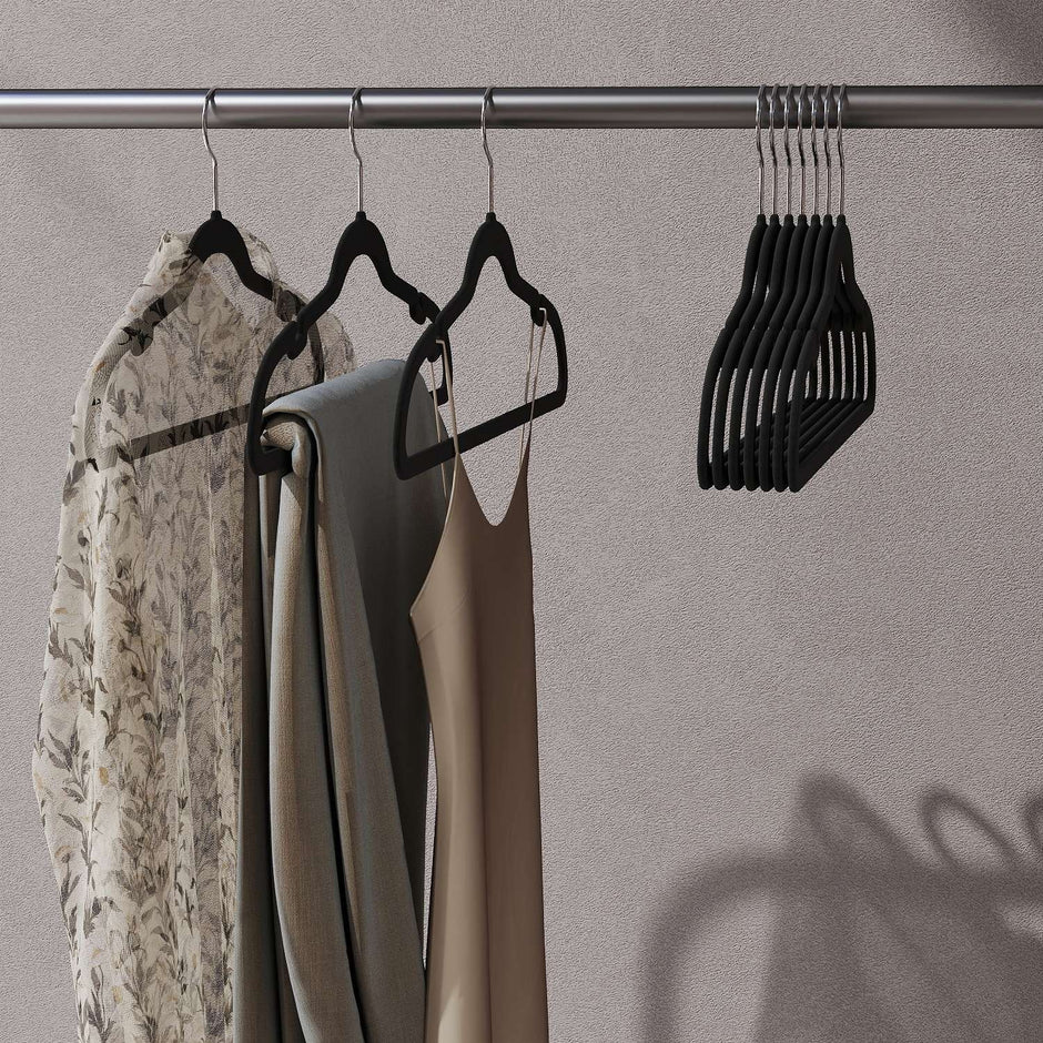 Velvet Hangers – Velvet – Ink Black – Non-Slip with Shoulder Notches and Pants Bar, 360° Swivel Hook, 50 Pack