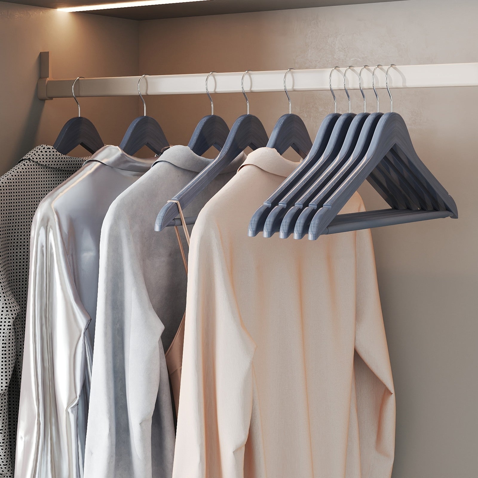 Wooden Coat Hangers – Solid Wood – Natural – Set of 20 with Shoulder Grooves and Non-Slip Bar