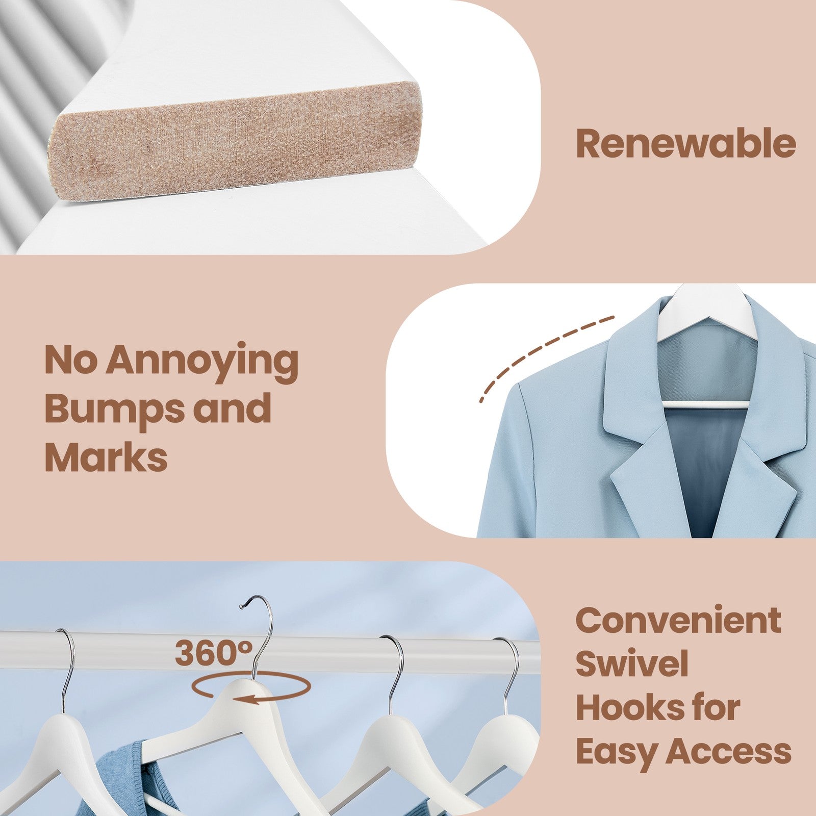 Set of 30 Clothes Hangers – Solid Birch Wood – Natural Beige – Space Saving Design with 360° Swivel Hooks