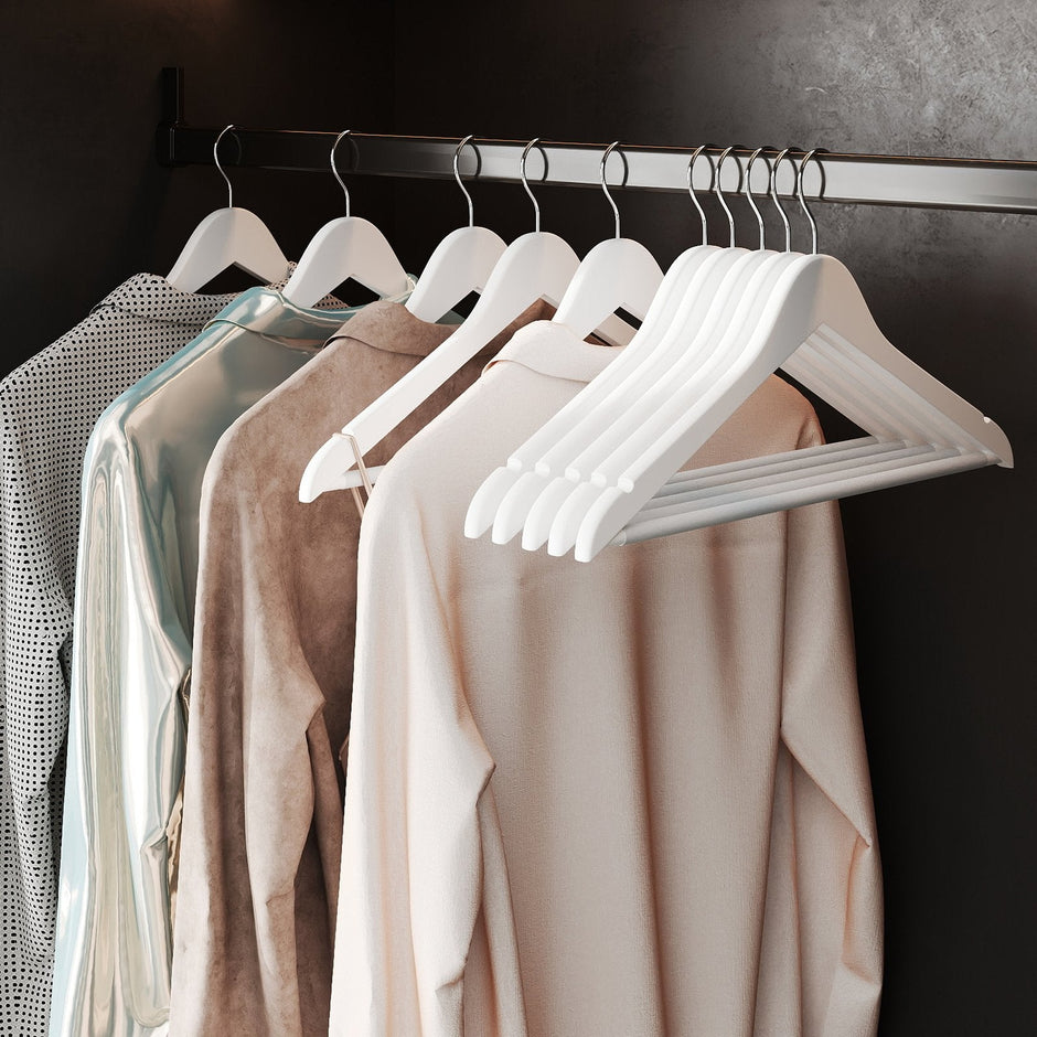 Wooden Coat Hangers – Solid Wood – White – Set of 10 with Shoulder Grooves and Anti-Slip Trousers Bar