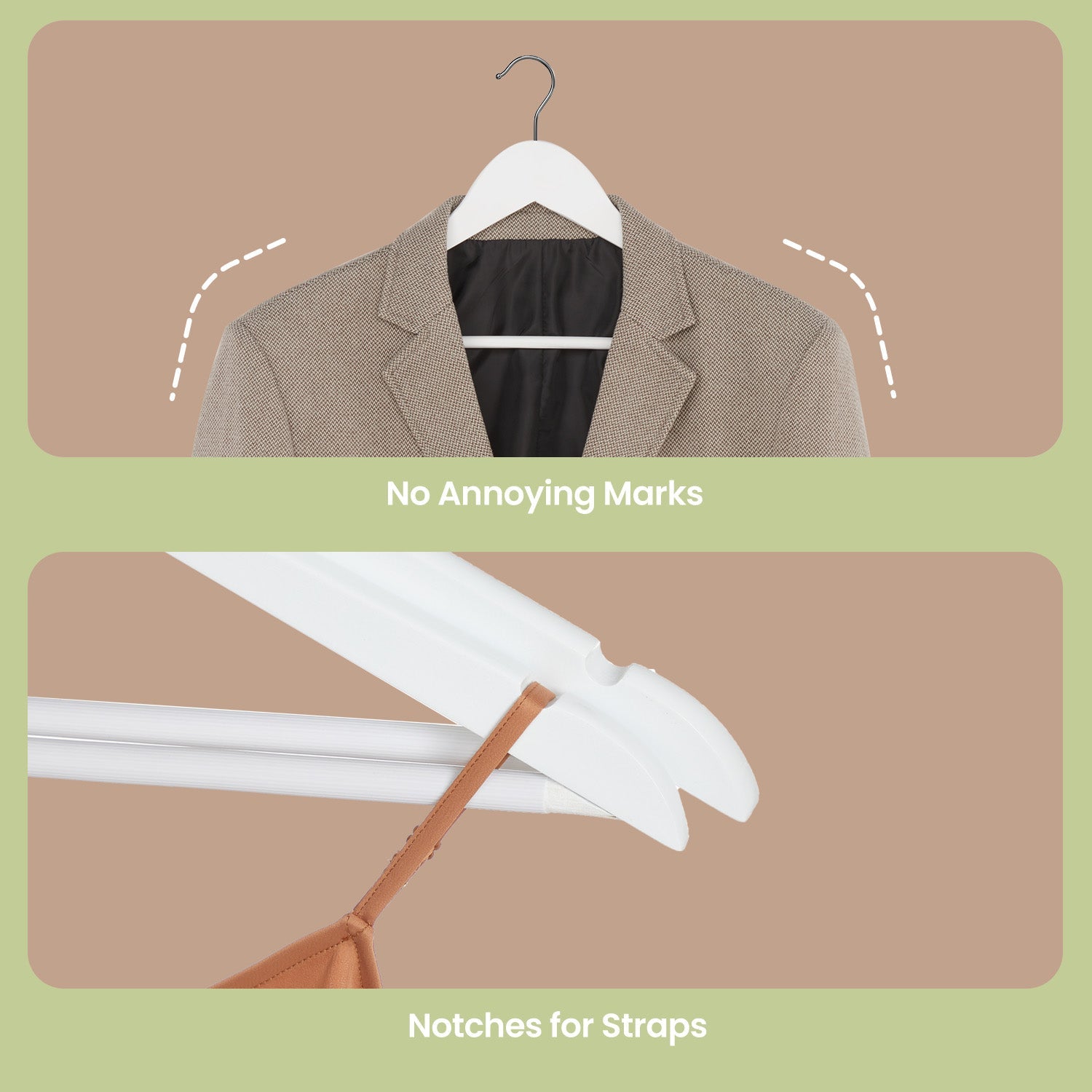 Wooden Coat Hangers – Solid Wood – White – Set of 10 with Shoulder Grooves and Anti-Slip Trousers Bar